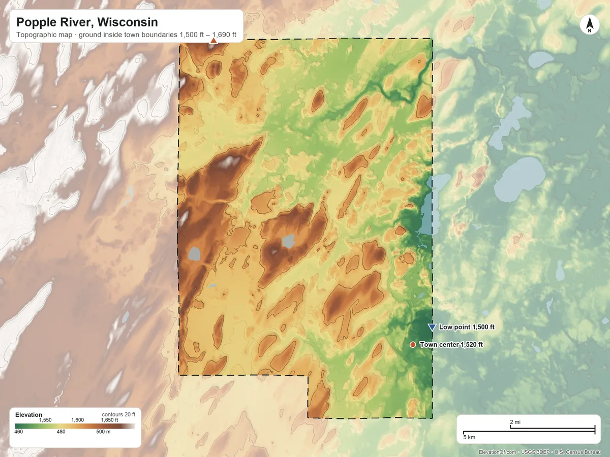 Topographic elevation map of Popple River, Wisconsin, shaded from 1,500 ft near the middle to 1,690 ft on the northwest side