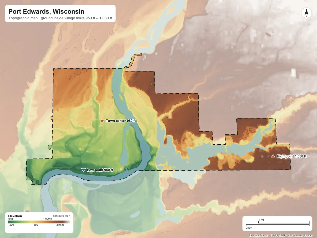 Topographic elevation map of Port Edwards, Wisconsin, shaded from 950 ft on the south side to 1,030 ft on the east side