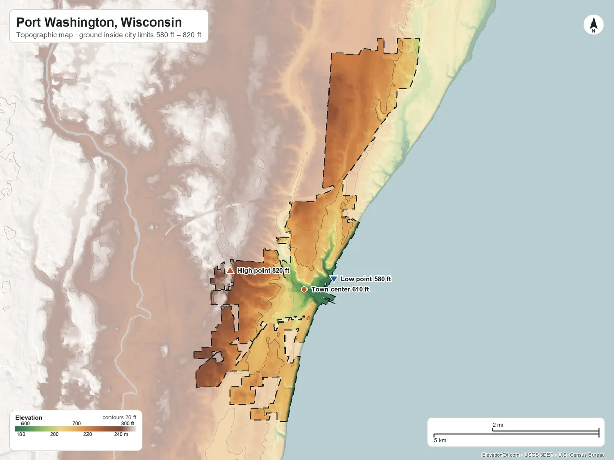 Topographic elevation map of Port Washington, Wisconsin, shaded from 580 ft near the middle to 820 ft on the west side