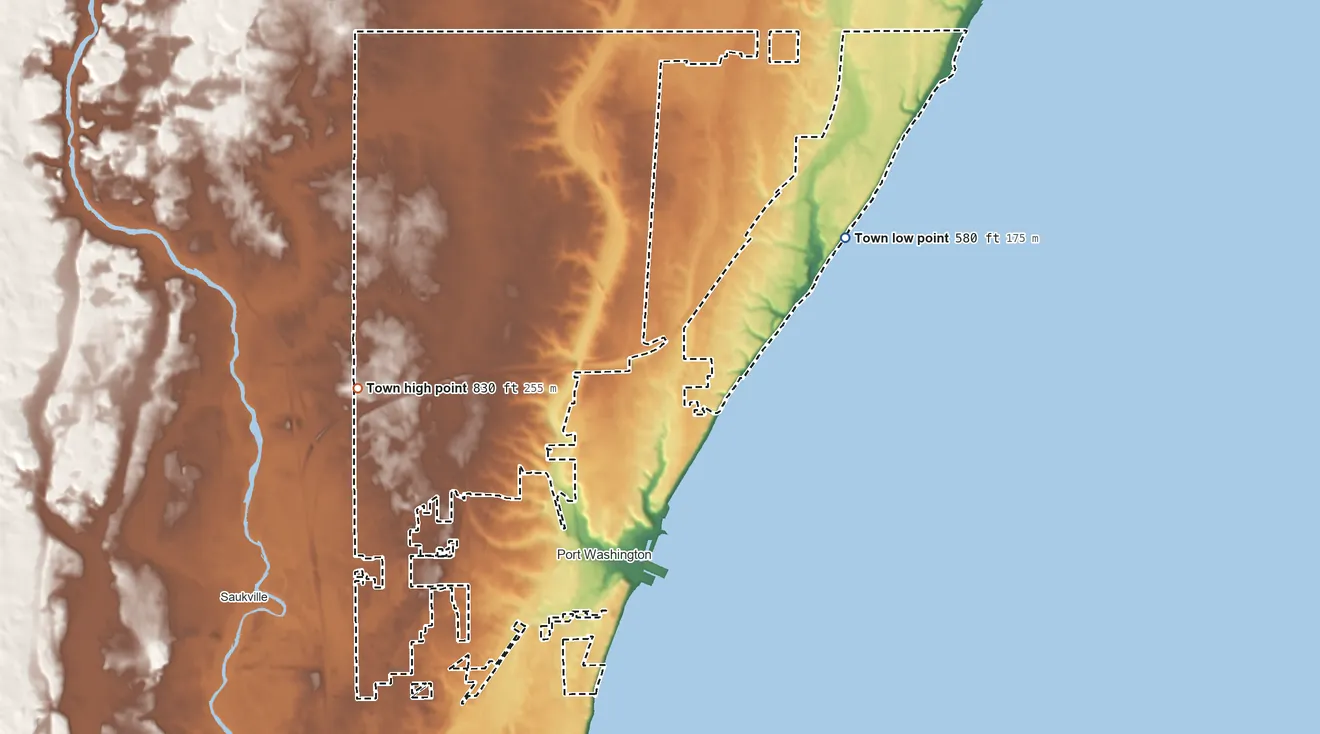 Topographic elevation map of Town of Port Washington, Wisconsin, shaded from 580 ft on the northeast side to 830 ft on the west side