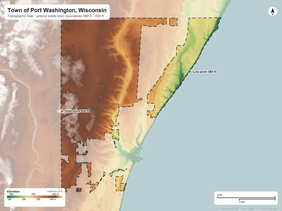 Topographic elevation map of Town of Port Washington, Wisconsin, shaded from 580 ft on the northeast side to 830 ft on the west side