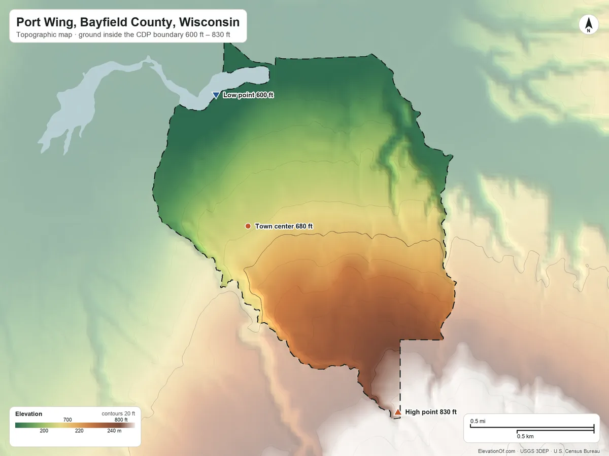 Topographic elevation map of Port Wing, Bayfield County, Wisconsin, shaded from 600 ft on the north side to 830 ft on the southeast side