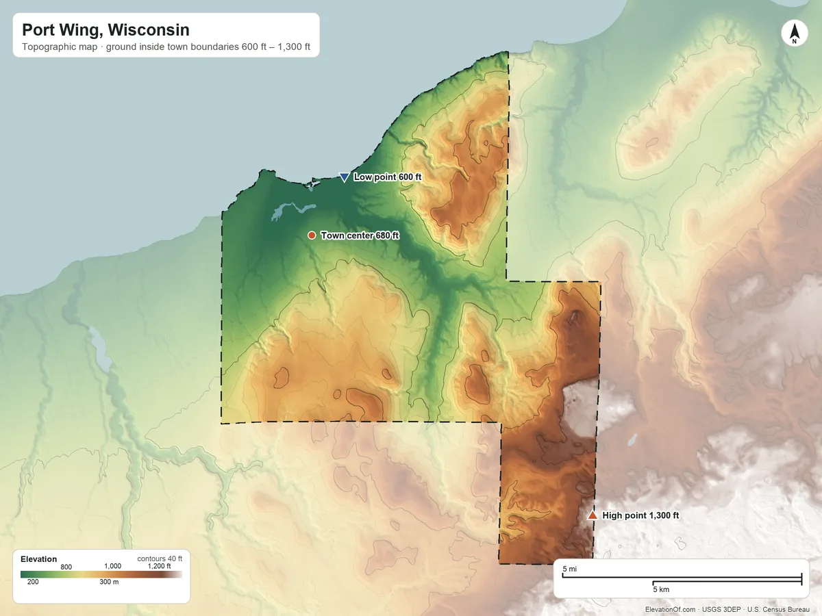 Topographic elevation map of Port Wing, Wisconsin, shaded from 600 ft on the northeast side to 1,300 ft on the southeast side