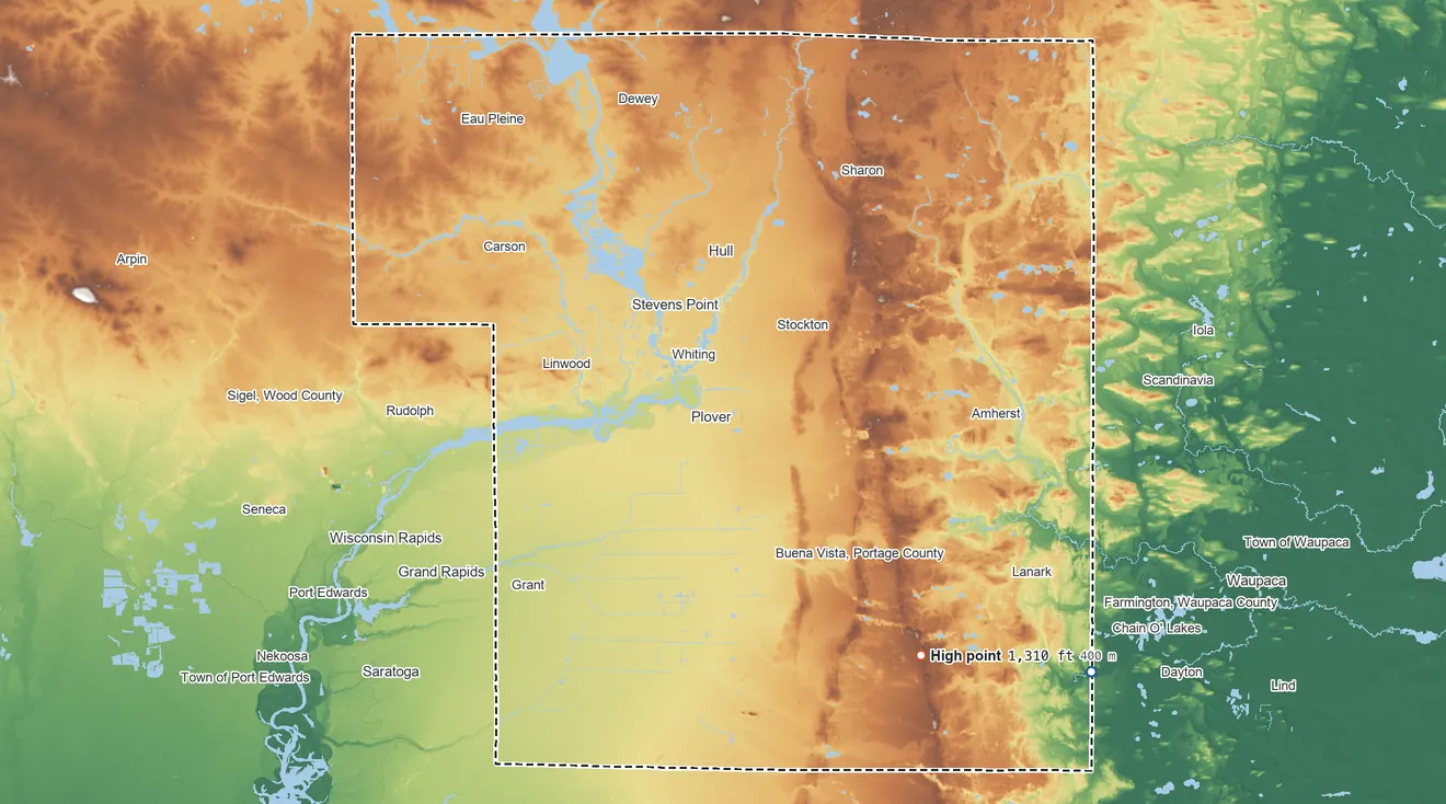 Topographic elevation map of Portage County, Wisconsin, shaded from 920 ft on the southeast side to 1,310 ft on the southeast side