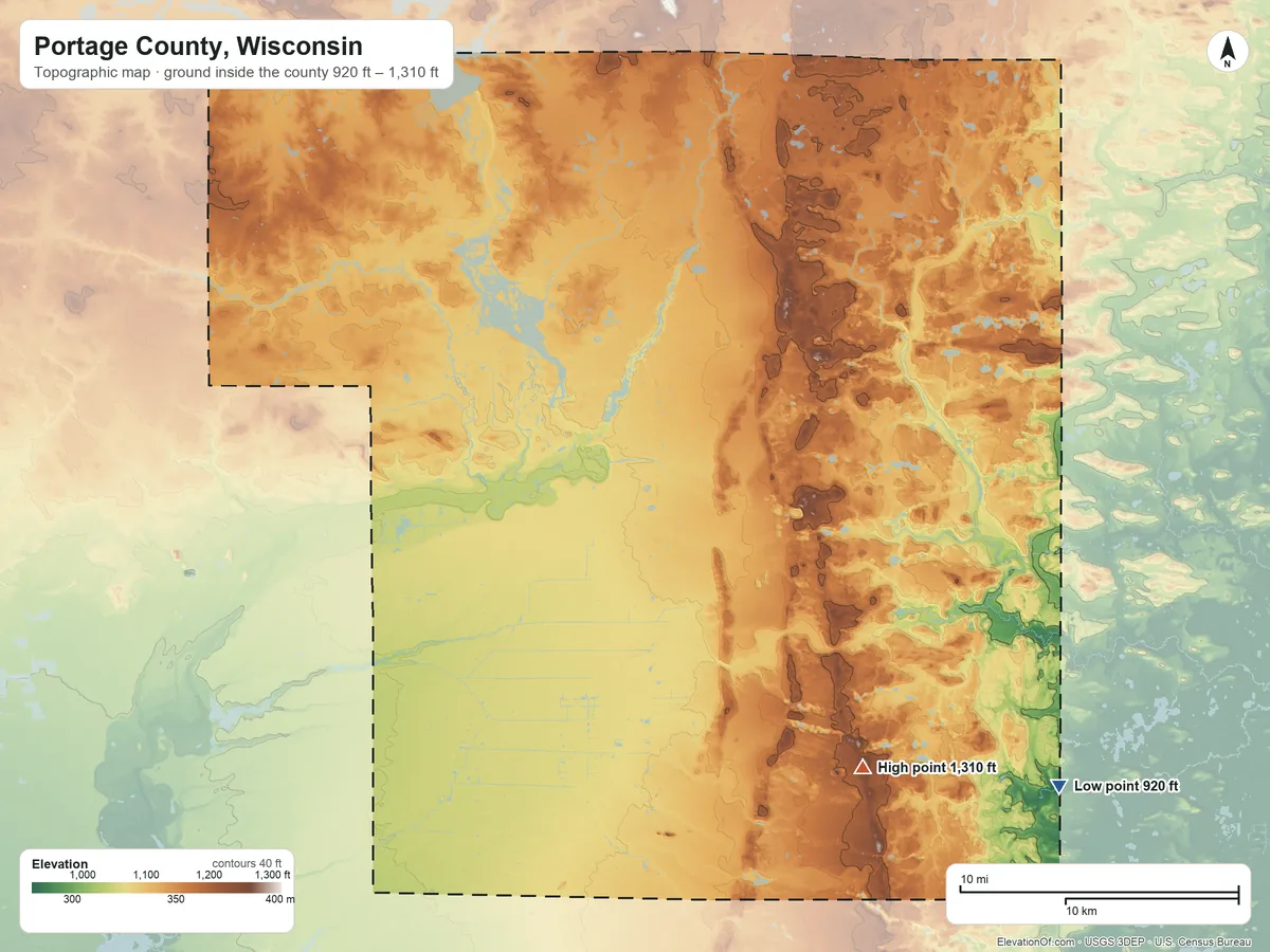 Topographic elevation map of Portage County, Wisconsin, shaded from 920 ft on the southeast side to 1,310 ft on the southeast side