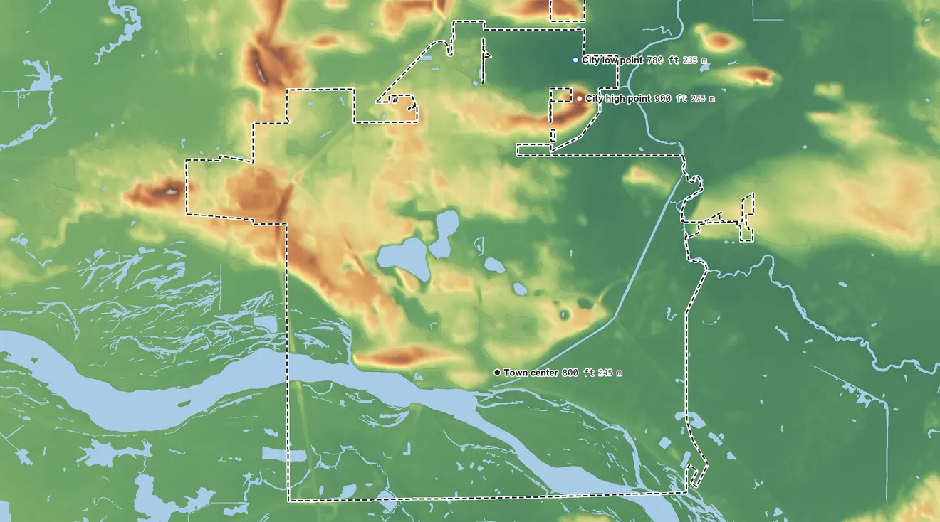 Topographic elevation map of Portage, Wisconsin, shaded from 780 ft on the north side to 900 ft on the north side
