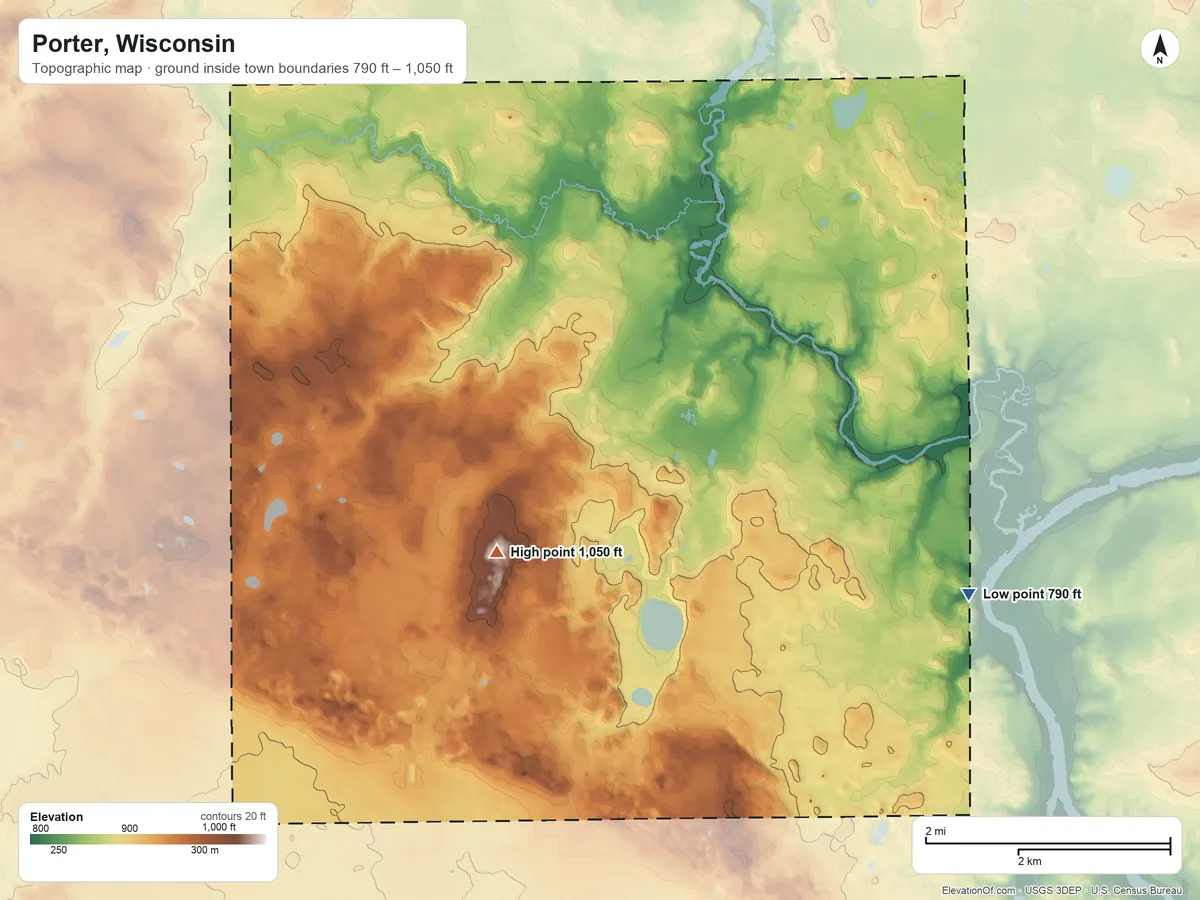 Topographic elevation map of Porter, Wisconsin, shaded from 790 ft on the east side to 1,050 ft on the south side
