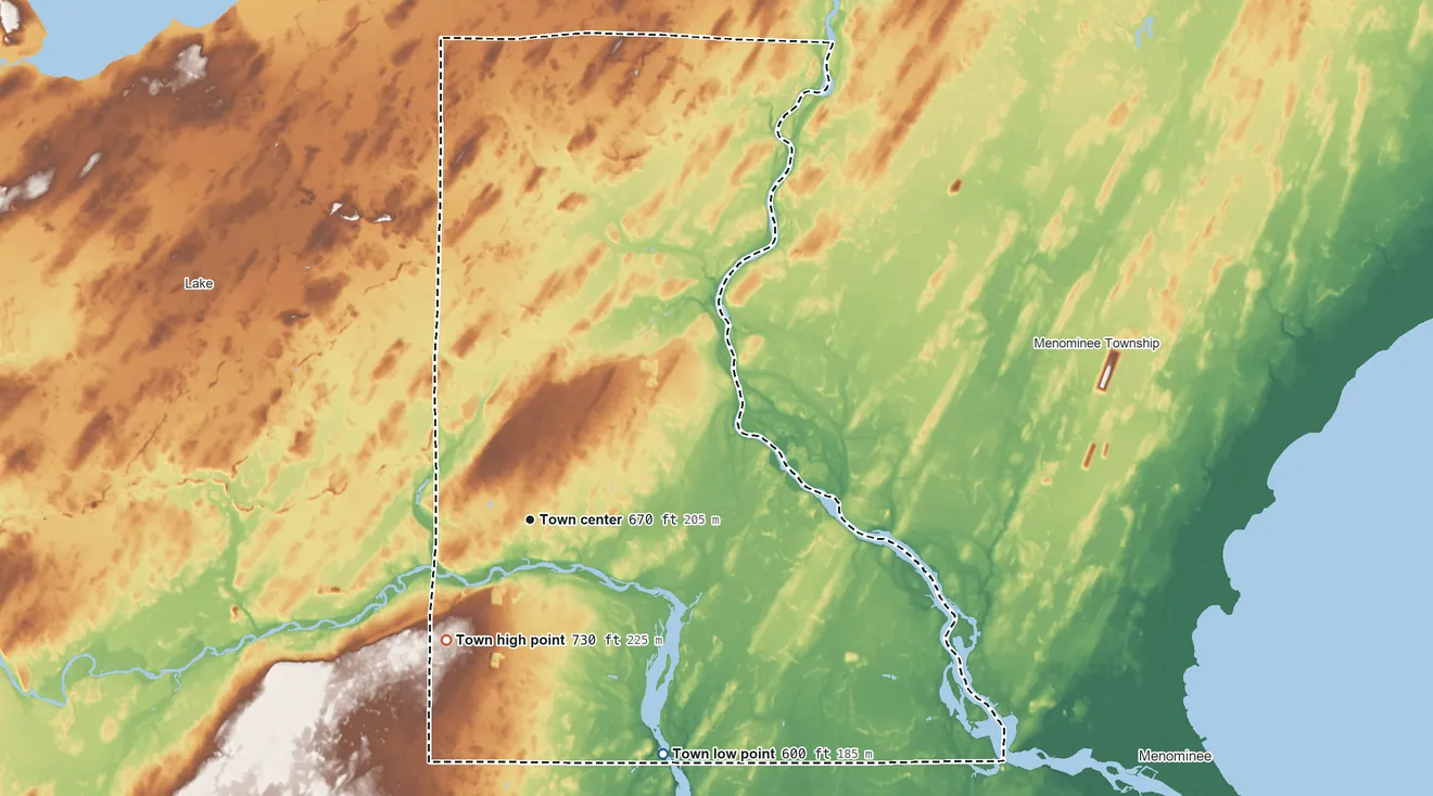 Topographic elevation map of Porterfield, Wisconsin, shaded from 600 ft on the southeast side to 730 ft on the southwest side