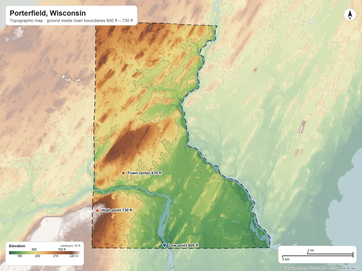 Topographic elevation map of Porterfield, Wisconsin, shaded from 600 ft on the southeast side to 730 ft on the southwest side