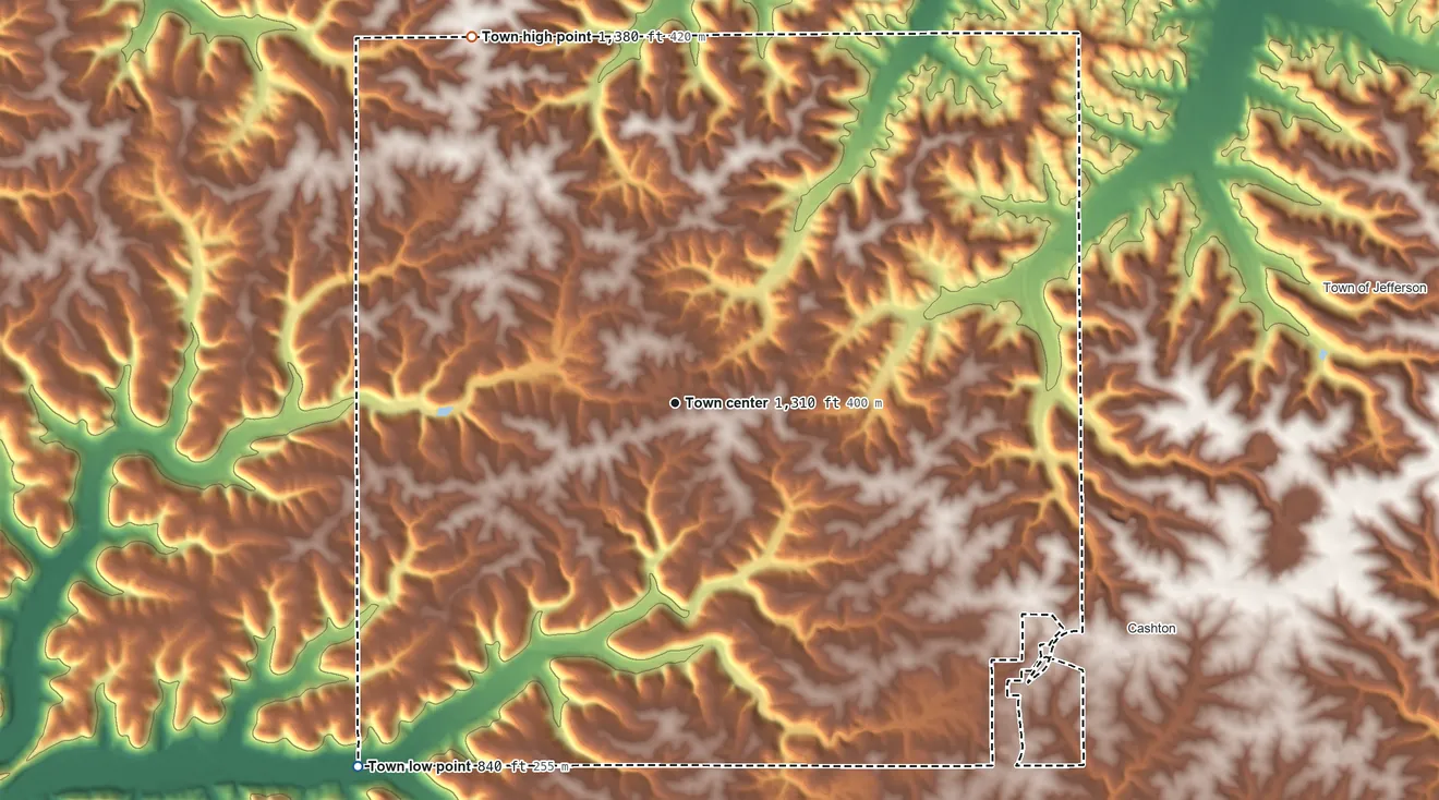 Topographic elevation map of Portland, Monroe County, Wisconsin, shaded from 840 ft on the southwest side to 1,380 ft on the northwest side