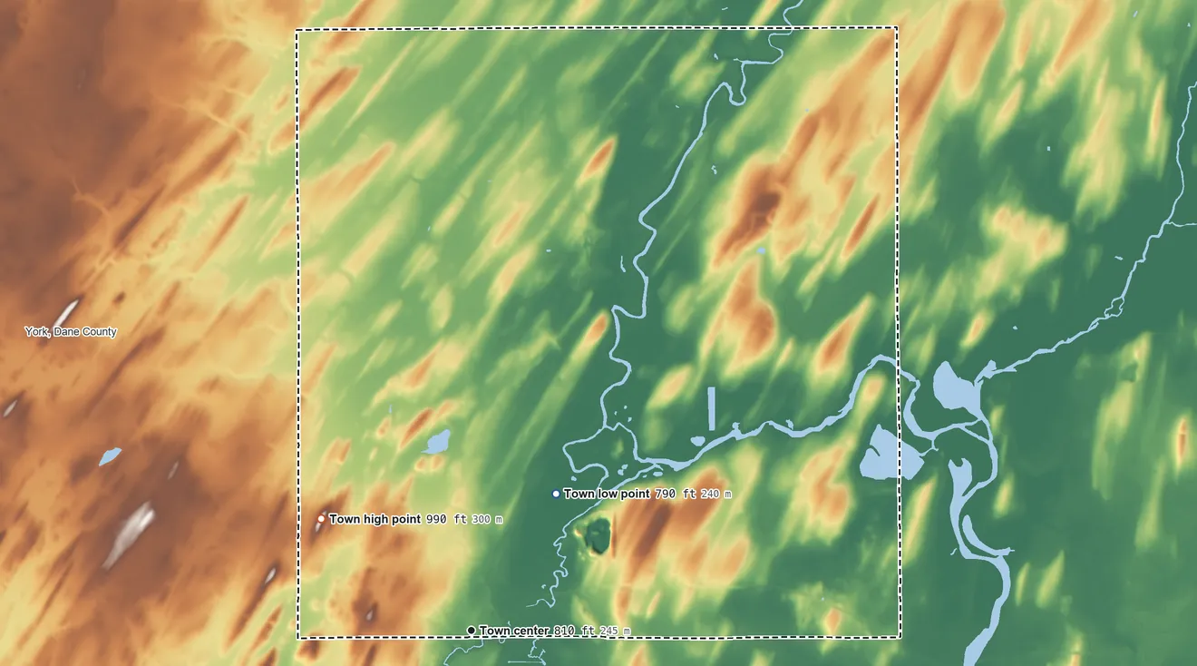 Topographic elevation map of Portland, Wisconsin, shaded from 790 ft on the northeast side to 990 ft on the northwest side