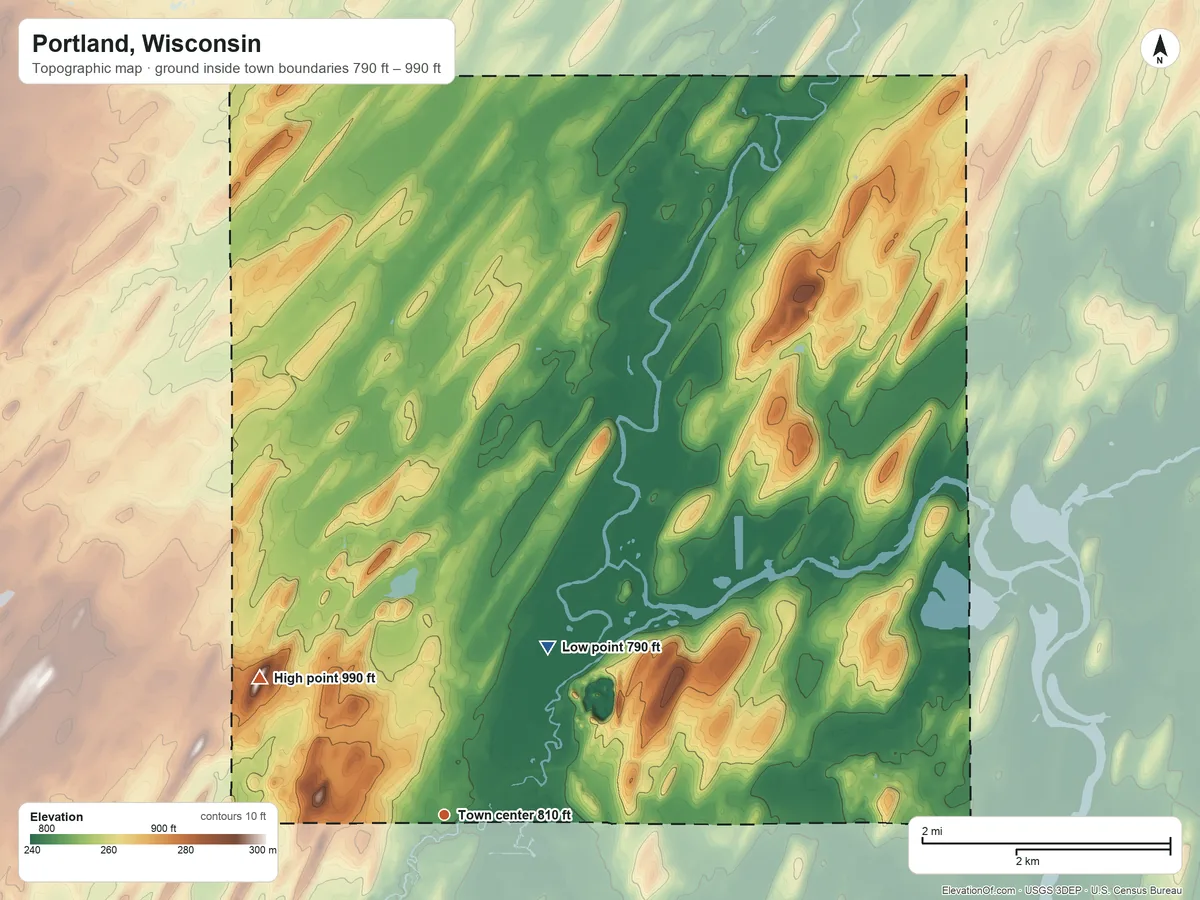 Topographic elevation map of Portland, Wisconsin, shaded from 790 ft on the northeast side to 990 ft on the northwest side