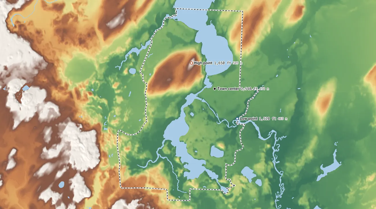 Topographic elevation map of Post Lake, Wisconsin, shaded from 1,520 ft on the southeast side to 1,650 ft on the northwest side
