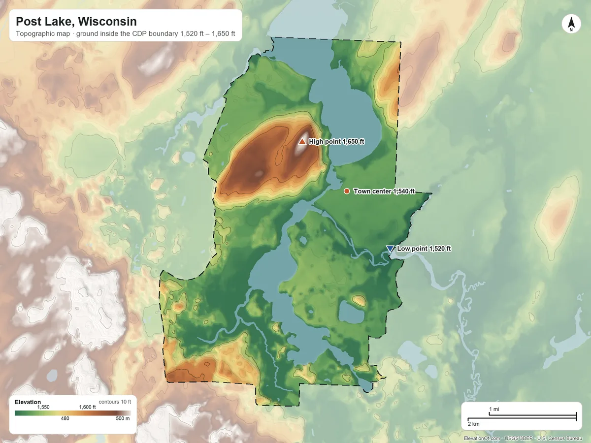 Topographic elevation map of Post Lake, Wisconsin, shaded from 1,520 ft on the southeast side to 1,650 ft on the northwest side