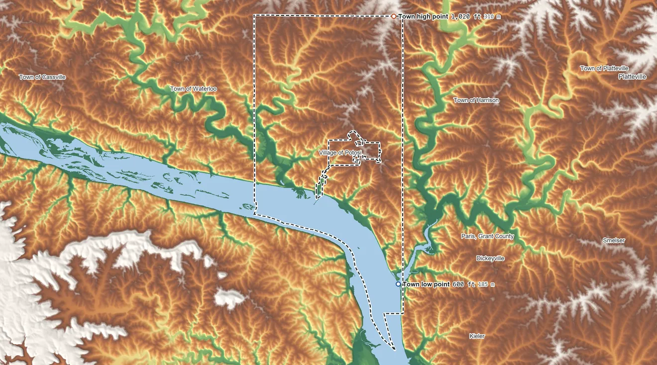 Topographic elevation map of Potosi, Wisconsin, shaded from 600 ft on the south side to 1,020 ft on the northeast side