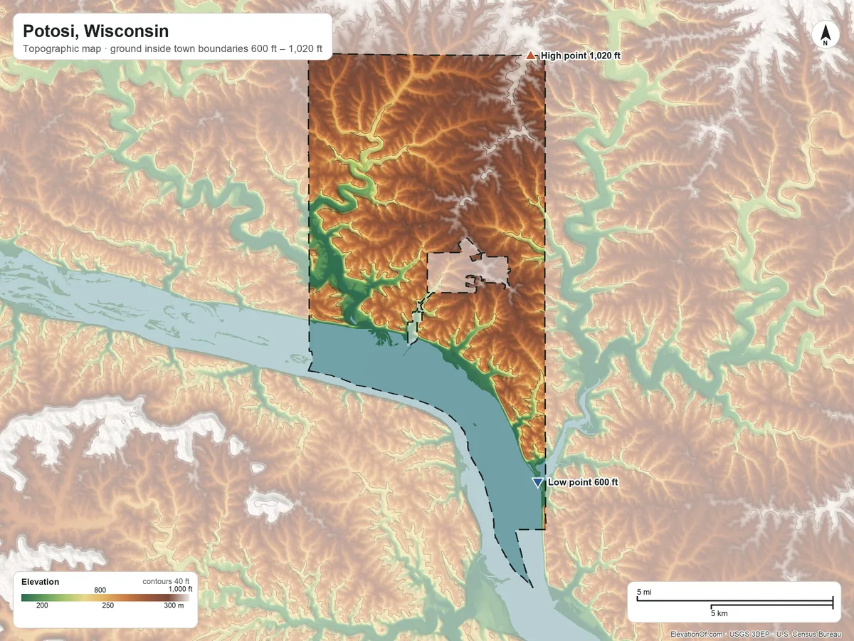 Topographic elevation map of Potosi, Wisconsin, shaded from 600 ft on the south side to 1,020 ft on the northeast side