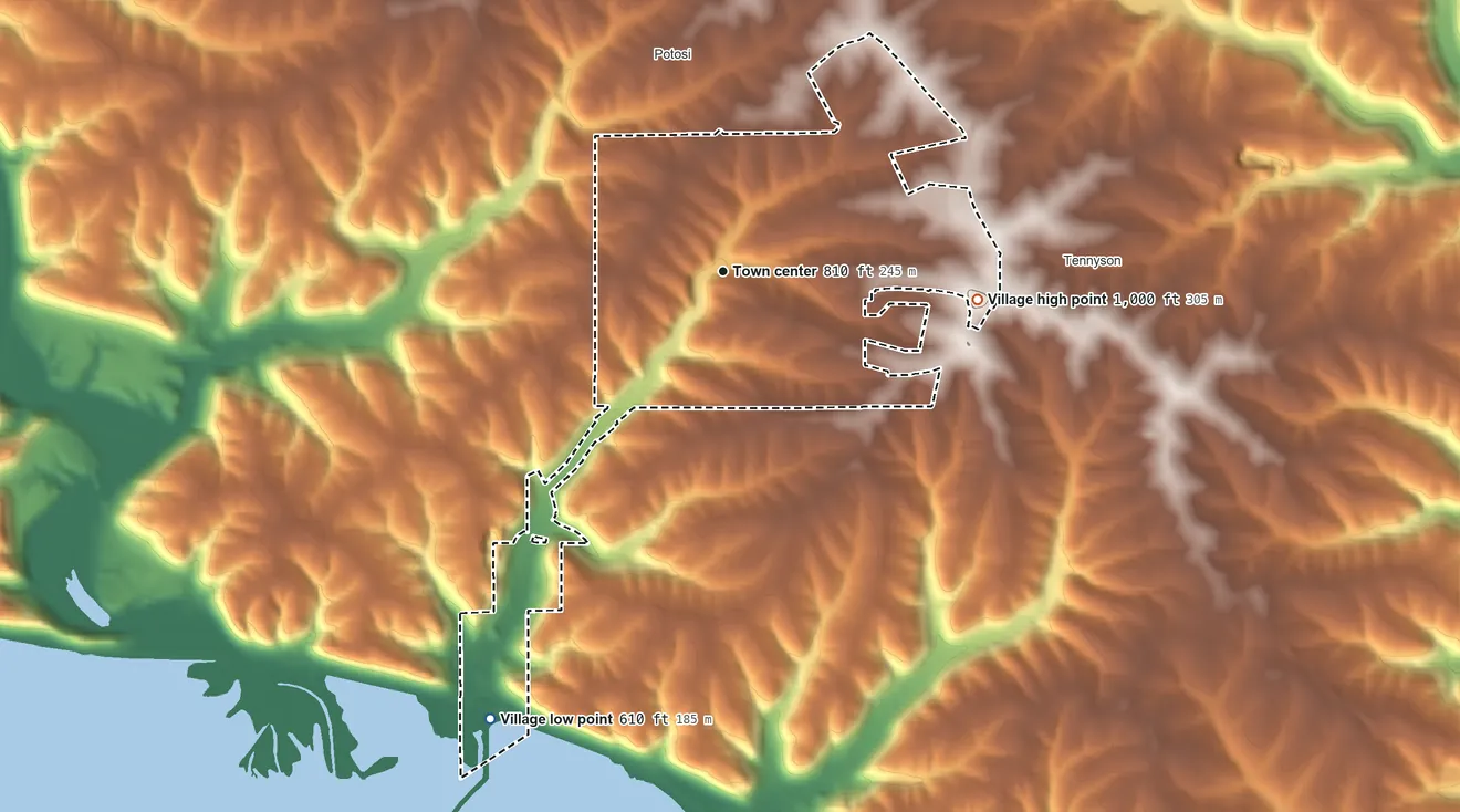 Topographic elevation map of Village of Potosi, Wisconsin, shaded from 610 ft on the southwest side to 1,000 ft on the east side
