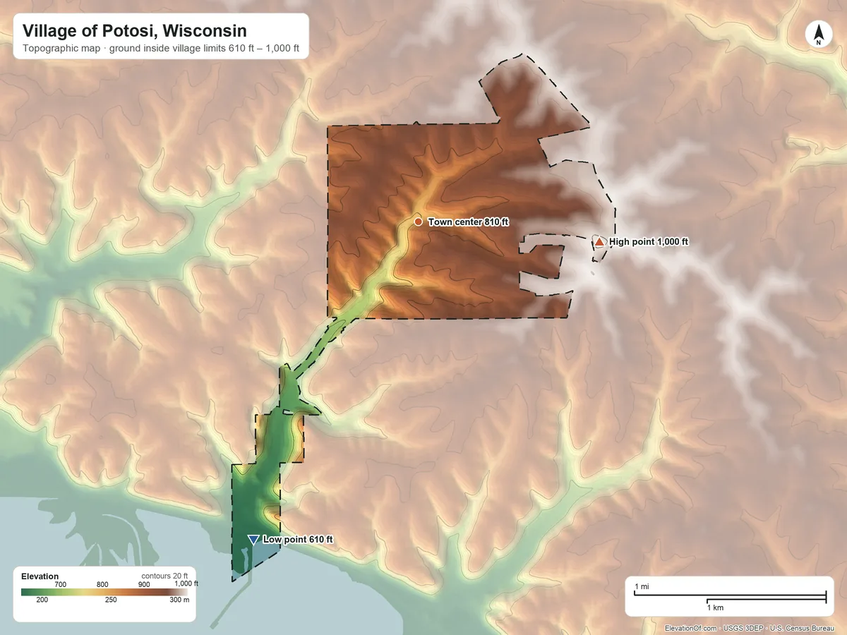 Topographic elevation map of Village of Potosi, Wisconsin, shaded from 610 ft on the southwest side to 1,000 ft on the east side