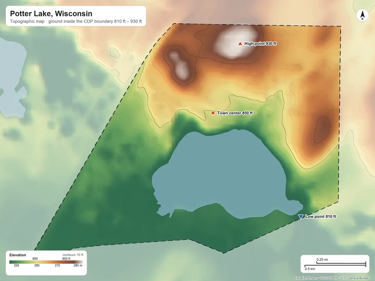Topographic elevation map of Potter Lake, Wisconsin, shaded from 810 ft on the southeast side to 930 ft on the north side