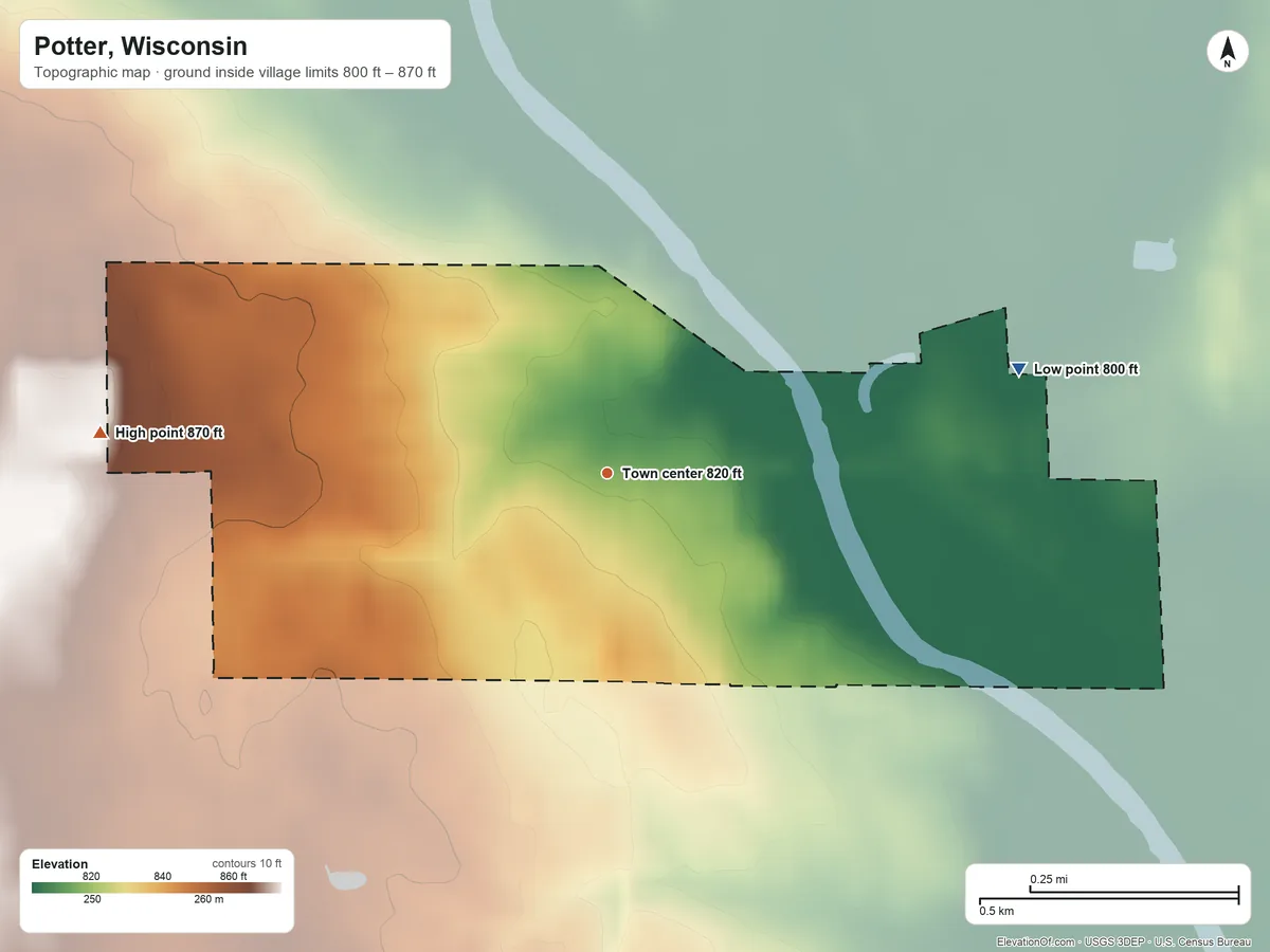 Topographic elevation map of Potter, Wisconsin, shaded from 800 ft on the east side to 870 ft on the west side