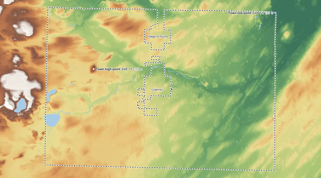 Topographic elevation map of Pound, Wisconsin, shaded from 640 ft on the northeast side to 840 ft on the west side