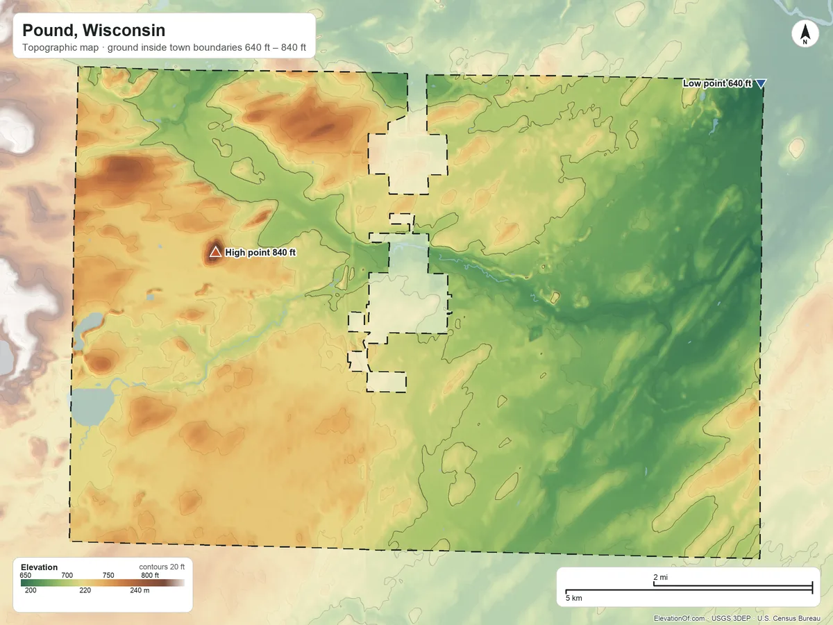 Topographic elevation map of Pound, Wisconsin, shaded from 640 ft on the northeast side to 840 ft on the west side