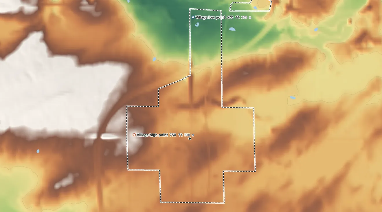 Topographic elevation map of Village of Pound, Wisconsin, shaded from 670 ft on the north side to 750 ft on the west side