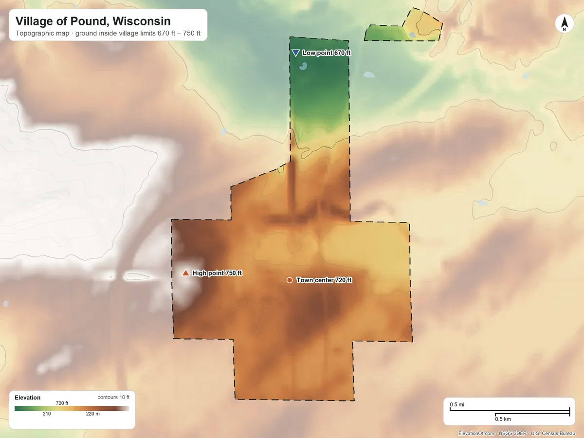 Topographic elevation map of Village of Pound, Wisconsin, shaded from 670 ft on the north side to 750 ft on the west side