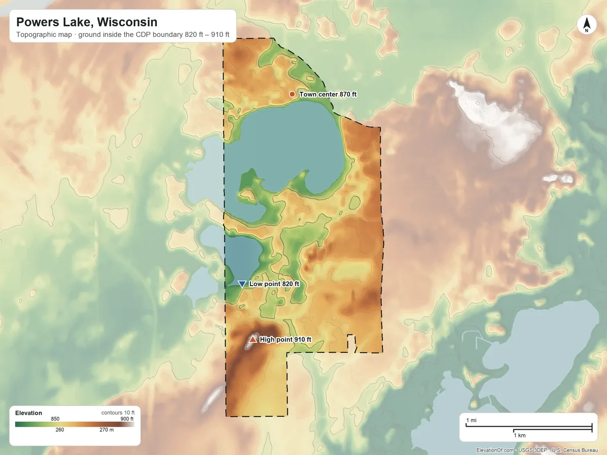 Topographic elevation map of Powers Lake, Wisconsin, shaded from 820 ft on the south side to 910 ft on the south side