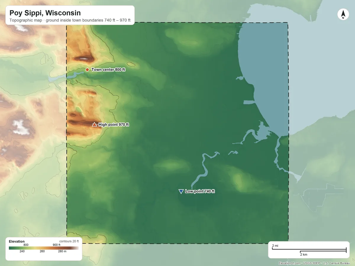 Topographic elevation map of Poy Sippi, Wisconsin, shaded from 740 ft on the southeast side to 970 ft on the south side