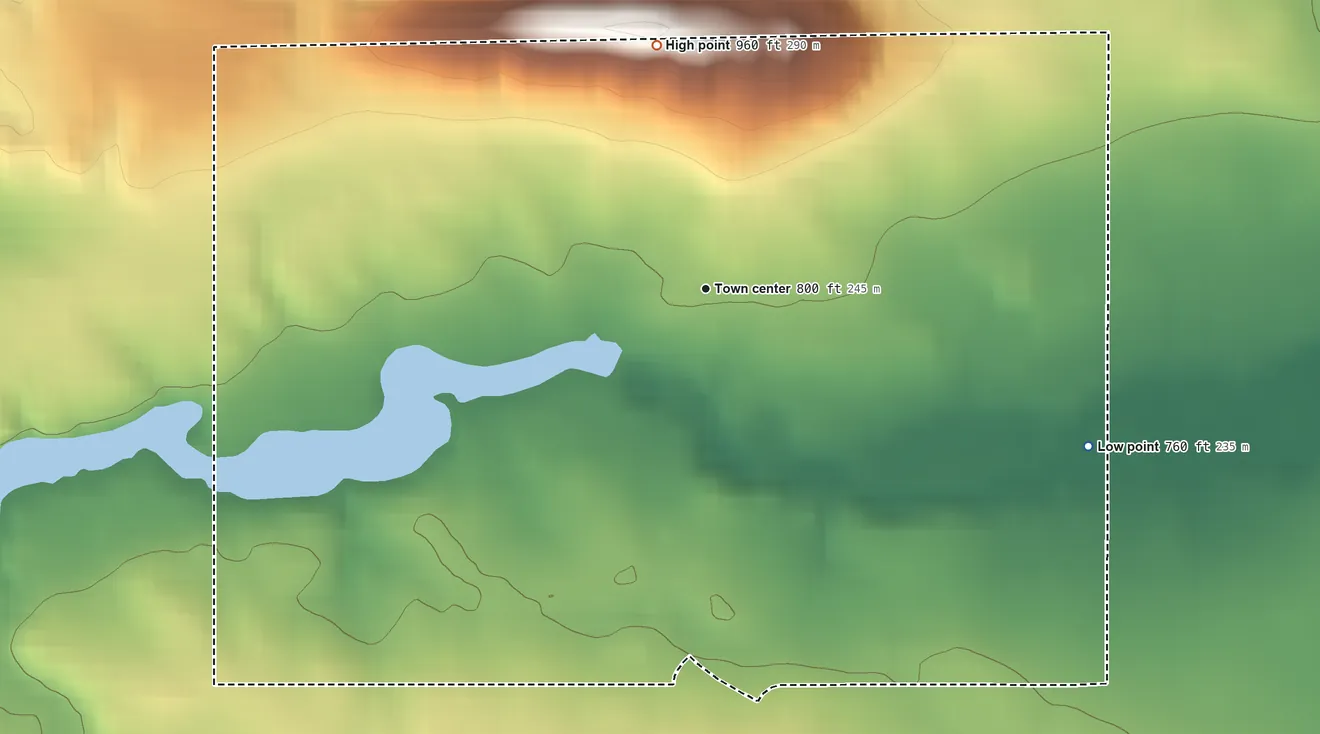 Topographic elevation map of Poy Sippi, Waushara County, Wisconsin, shaded from 760 ft on the east side to 960 ft on the north side