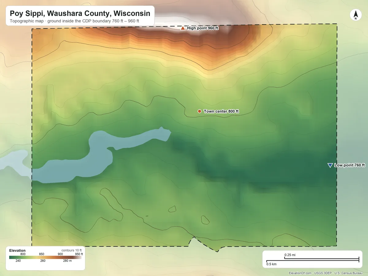Topographic elevation map of Poy Sippi, Waushara County, Wisconsin, shaded from 760 ft on the east side to 960 ft on the north side