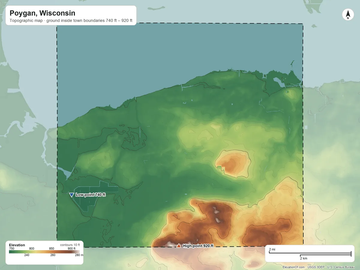 Topographic elevation map of Poygan, Wisconsin, shaded from 740 ft on the west side to 920 ft on the south side