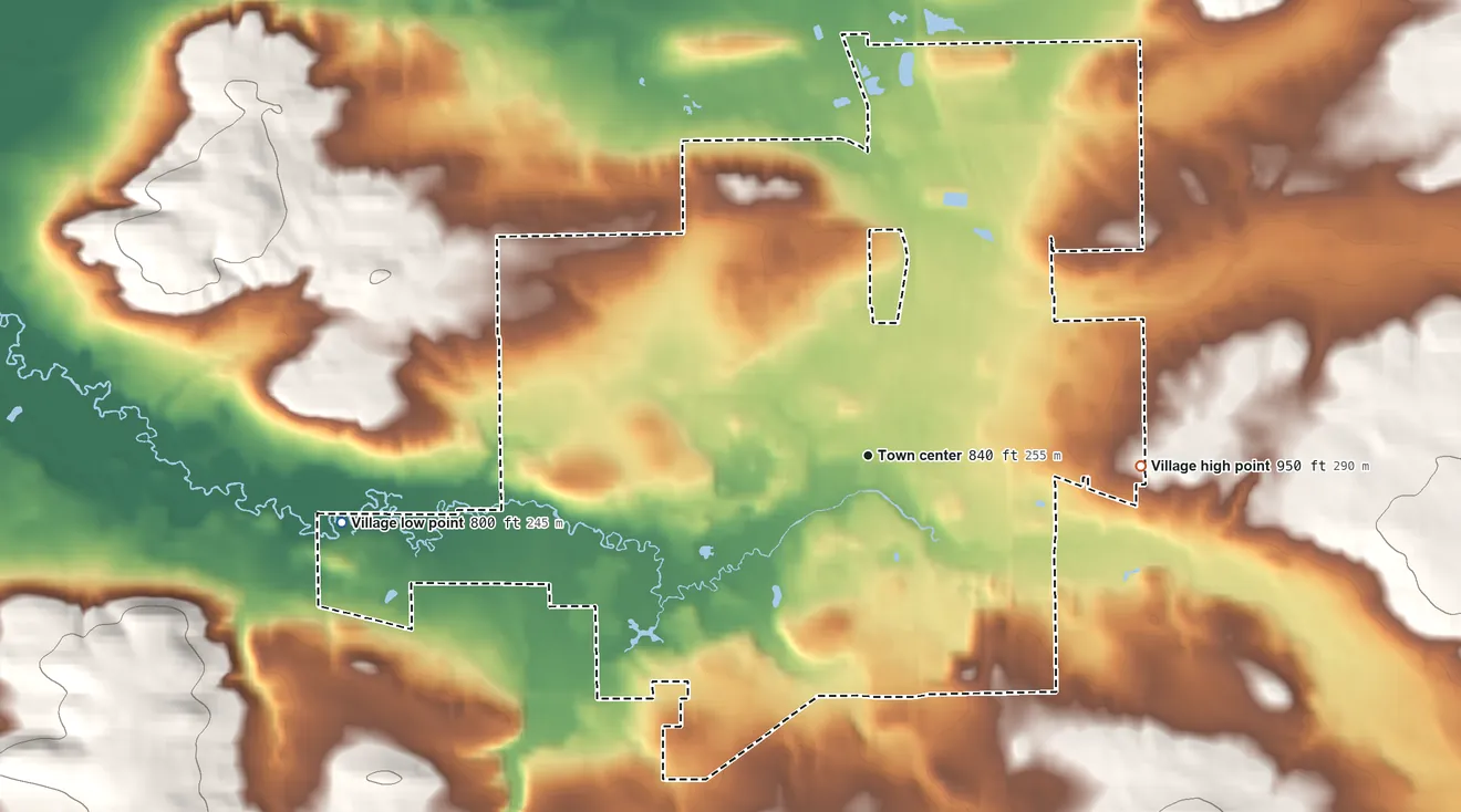 Topographic elevation map of Poynette, Wisconsin, shaded from 800 ft on the west side to 950 ft on the east side