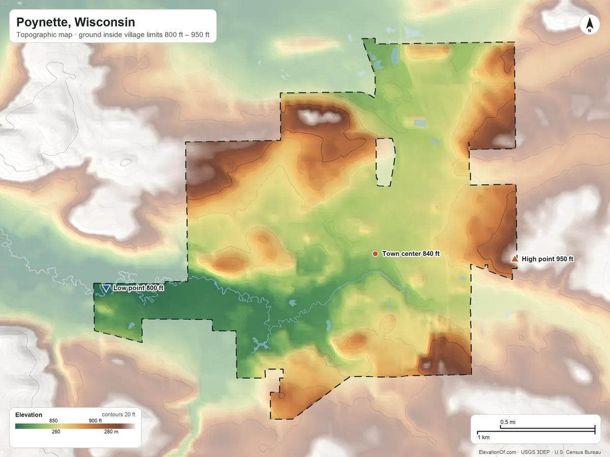 Topographic elevation map of Poynette, Wisconsin, shaded from 800 ft on the west side to 950 ft on the east side