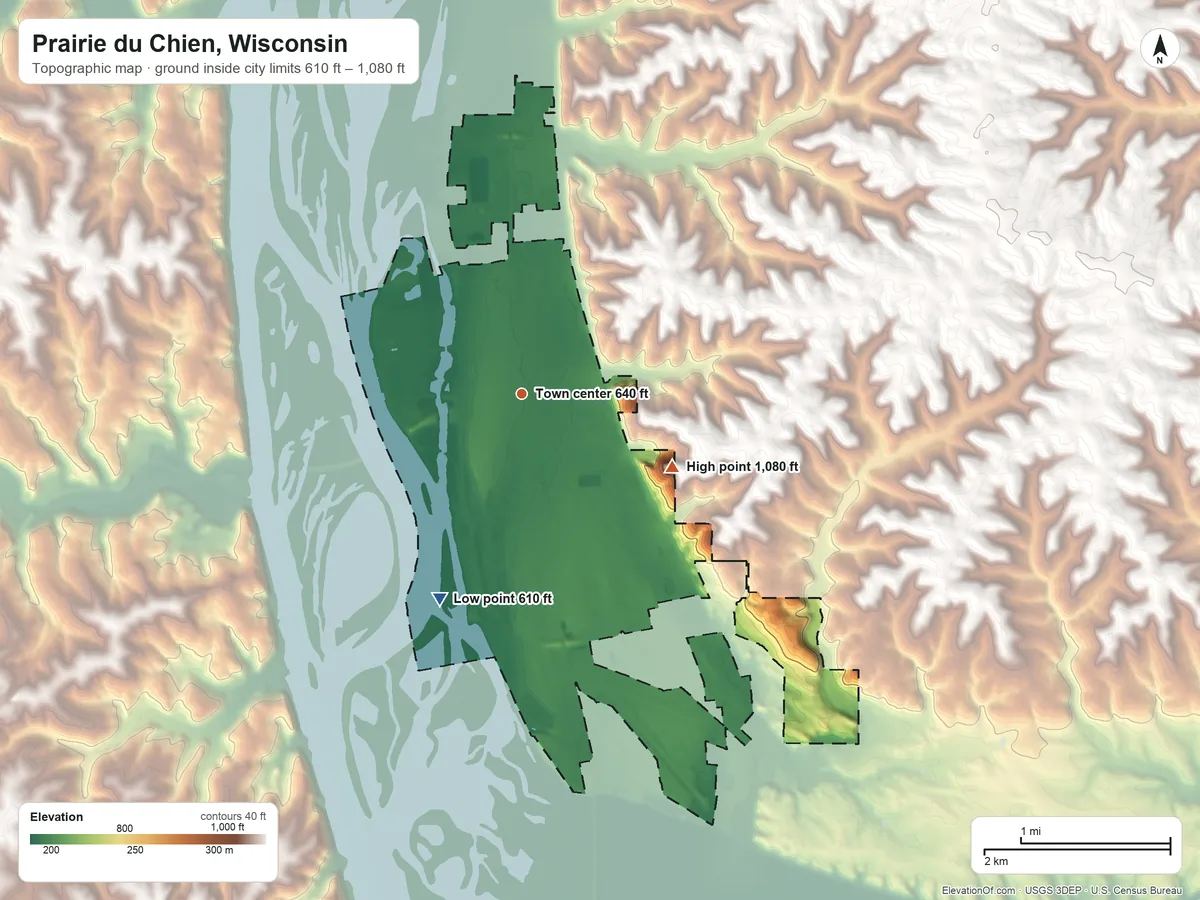 Topographic elevation map of Prairie du Chien, Wisconsin, shaded from 610 ft on the south side to 1,080 ft on the southeast side
