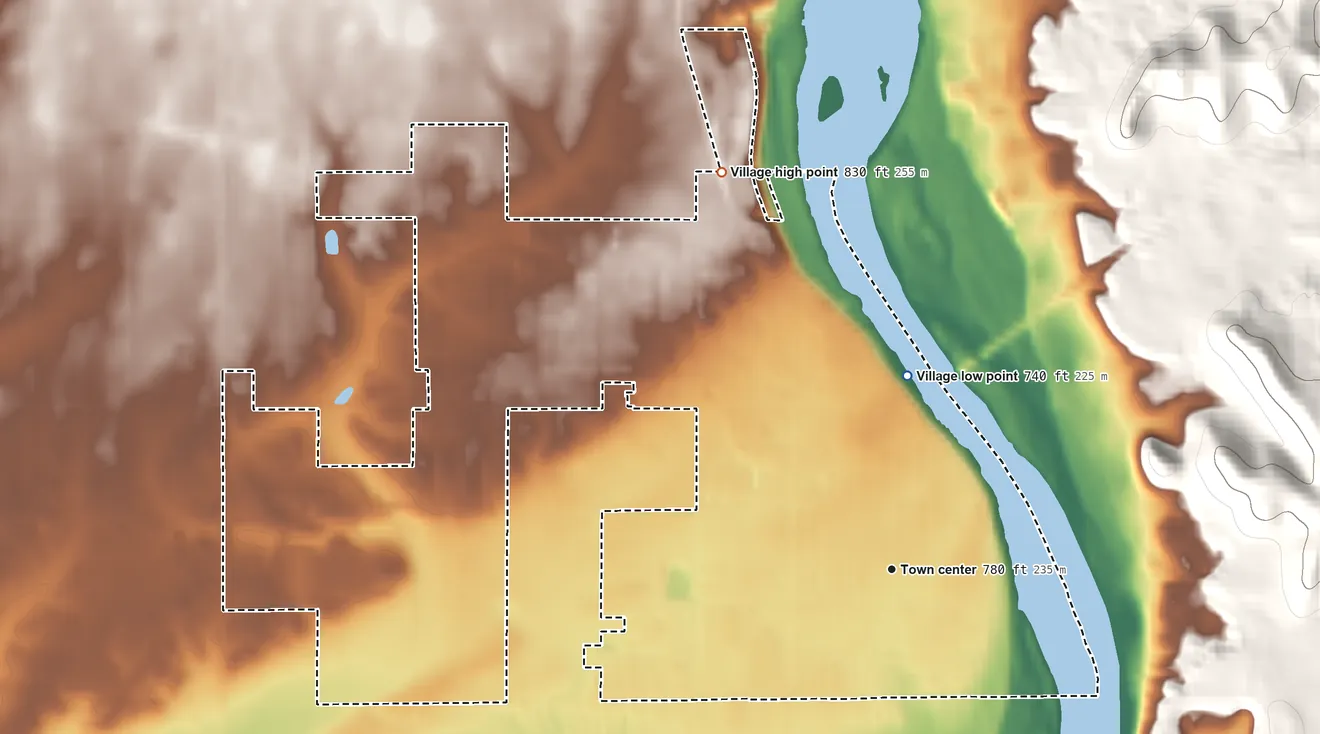 Topographic elevation map of Prairie du Sac, Wisconsin, shaded from 740 ft on the north side to 830 ft on the northwest side
