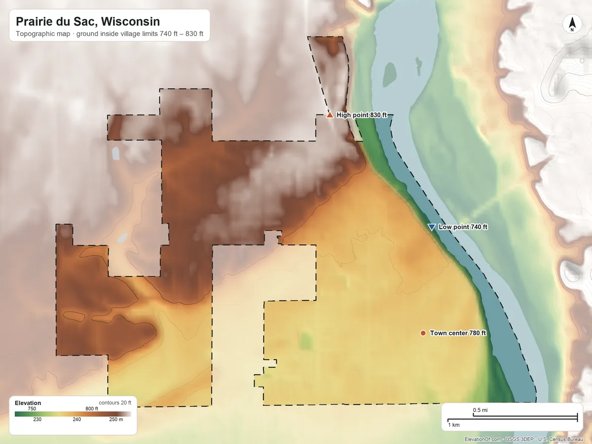 Topographic elevation map of Prairie du Sac, Wisconsin, shaded from 740 ft on the north side to 830 ft on the northwest side