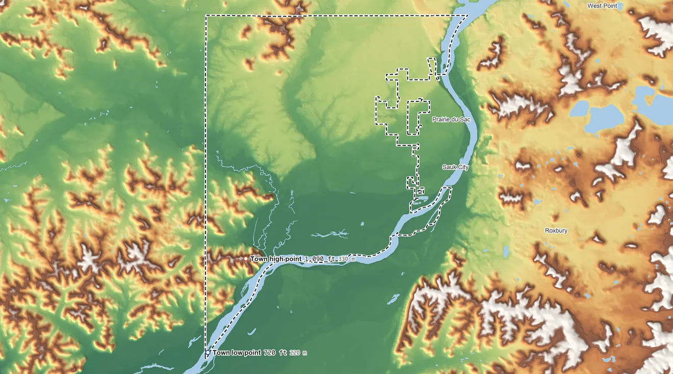 Topographic elevation map of Town of Prairie du Sac, Wisconsin, shaded from 720 ft on the southwest side to 1,090 ft on the southwest side
