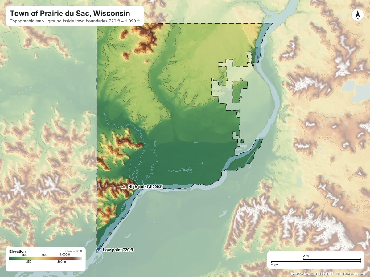 Topographic elevation map of Town of Prairie du Sac, Wisconsin, shaded from 720 ft on the southwest side to 1,090 ft on the southwest side