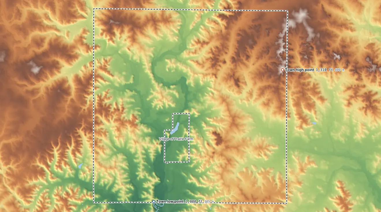 Topographic elevation map of Prairie Farm, Wisconsin, shaded from 1,000 ft on the south side to 1,310 ft on the east side