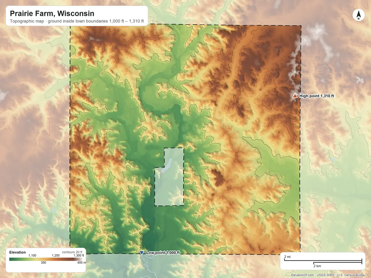 Topographic elevation map of Prairie Farm, Wisconsin, shaded from 1,000 ft on the south side to 1,310 ft on the east side