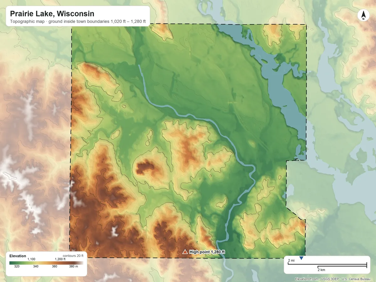 Topographic elevation map of Prairie Lake, Wisconsin, shaded from 1,020 ft on the southeast side to 1,280 ft on the south side