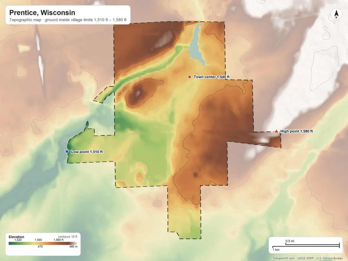 Topographic elevation map of Prentice, Wisconsin, shaded from 1,510 ft on the southwest side to 1,580 ft on the southeast side