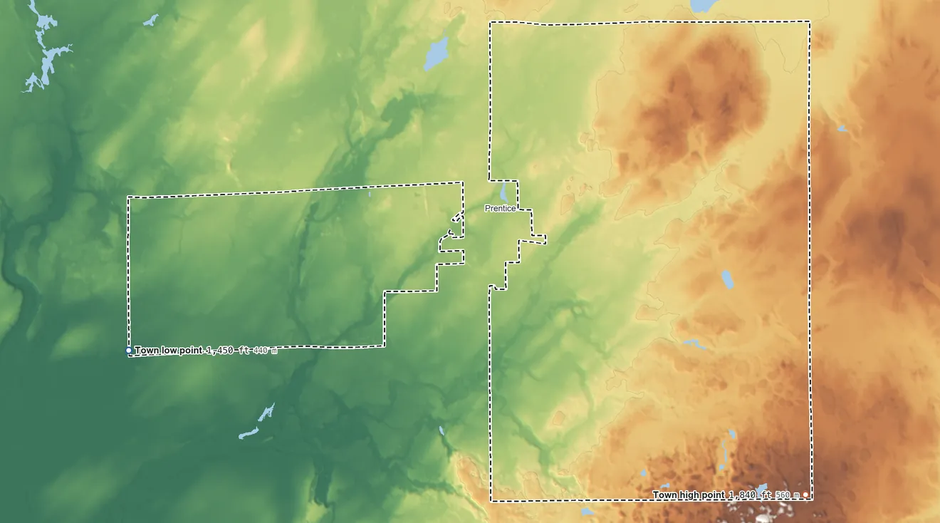 Topographic elevation map of Town of Prentice, Wisconsin, shaded from 1,450 ft on the west side to 1,840 ft on the southeast side
