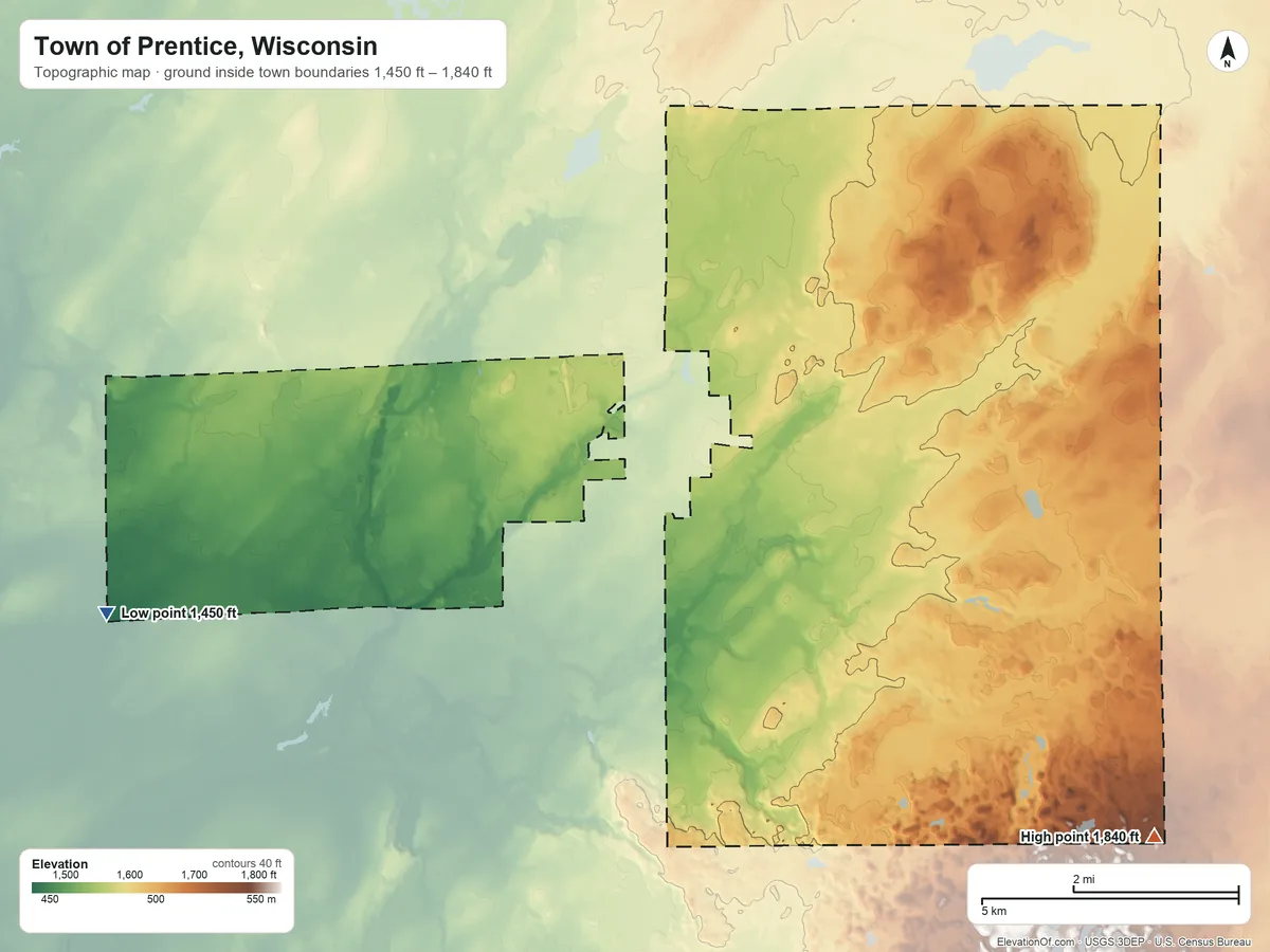 Topographic elevation map of Town of Prentice, Wisconsin, shaded from 1,450 ft on the west side to 1,840 ft on the southeast side
