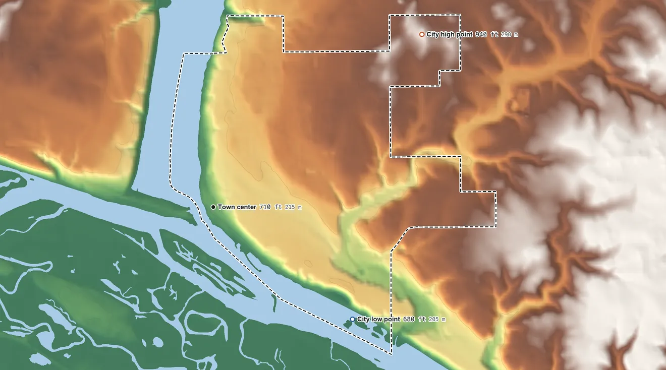 Topographic elevation map of Prescott, Wisconsin, shaded from 680 ft on the southeast side to 940 ft on the northeast side
