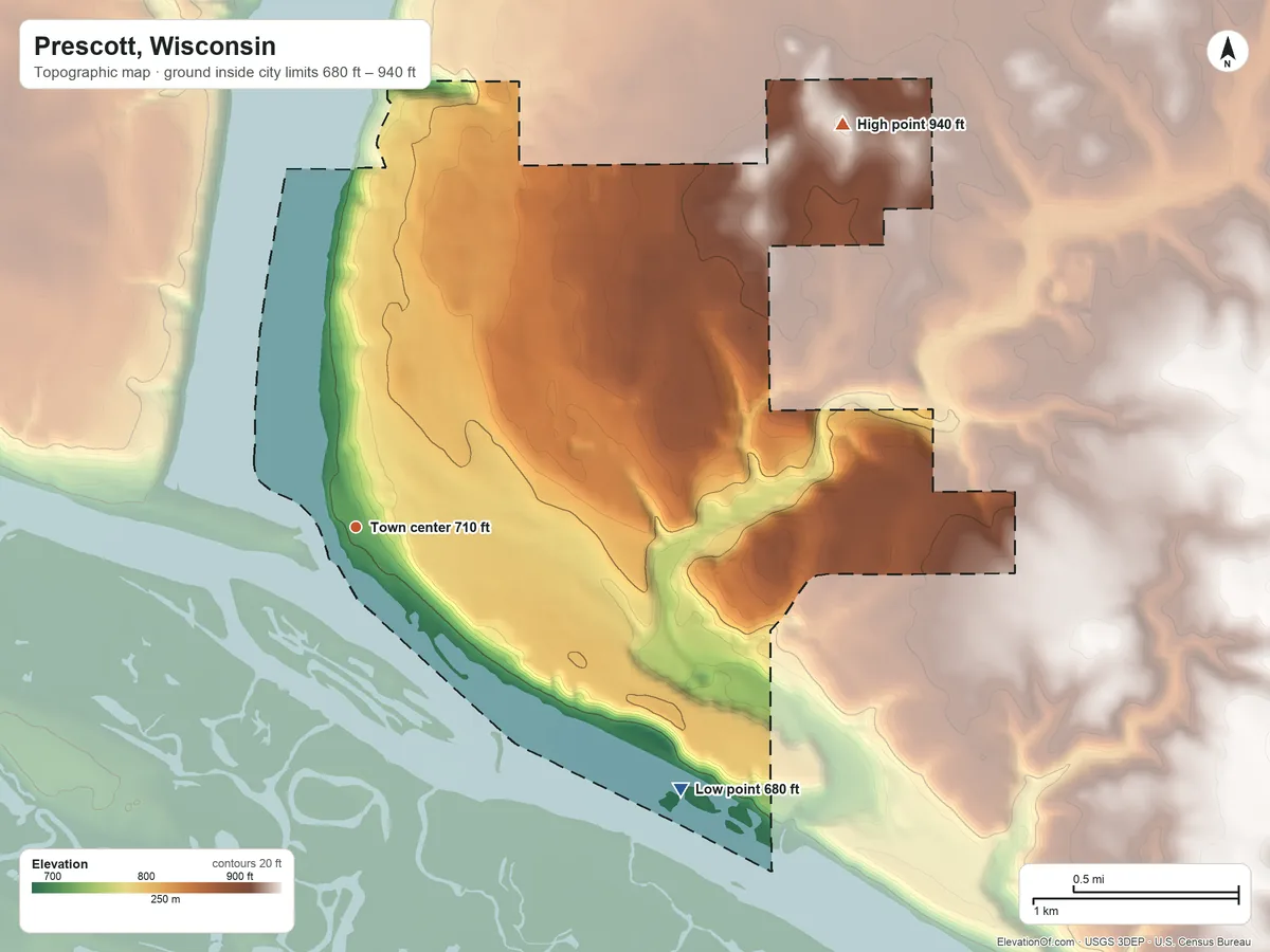Topographic elevation map of Prescott, Wisconsin, shaded from 680 ft on the southeast side to 940 ft on the northeast side