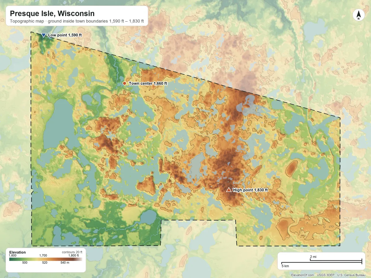 Topographic elevation map of Presque Isle, Wisconsin, shaded from 1,590 ft on the northwest side to 1,830 ft on the southeast side