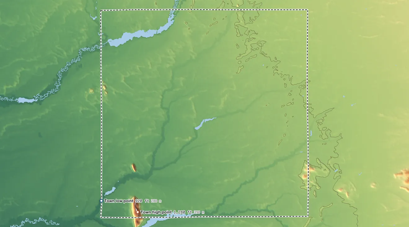 Topographic elevation map of Preston, Wisconsin, shaded from 920 ft on the southwest side to 1,278 ft on Friendship Mound